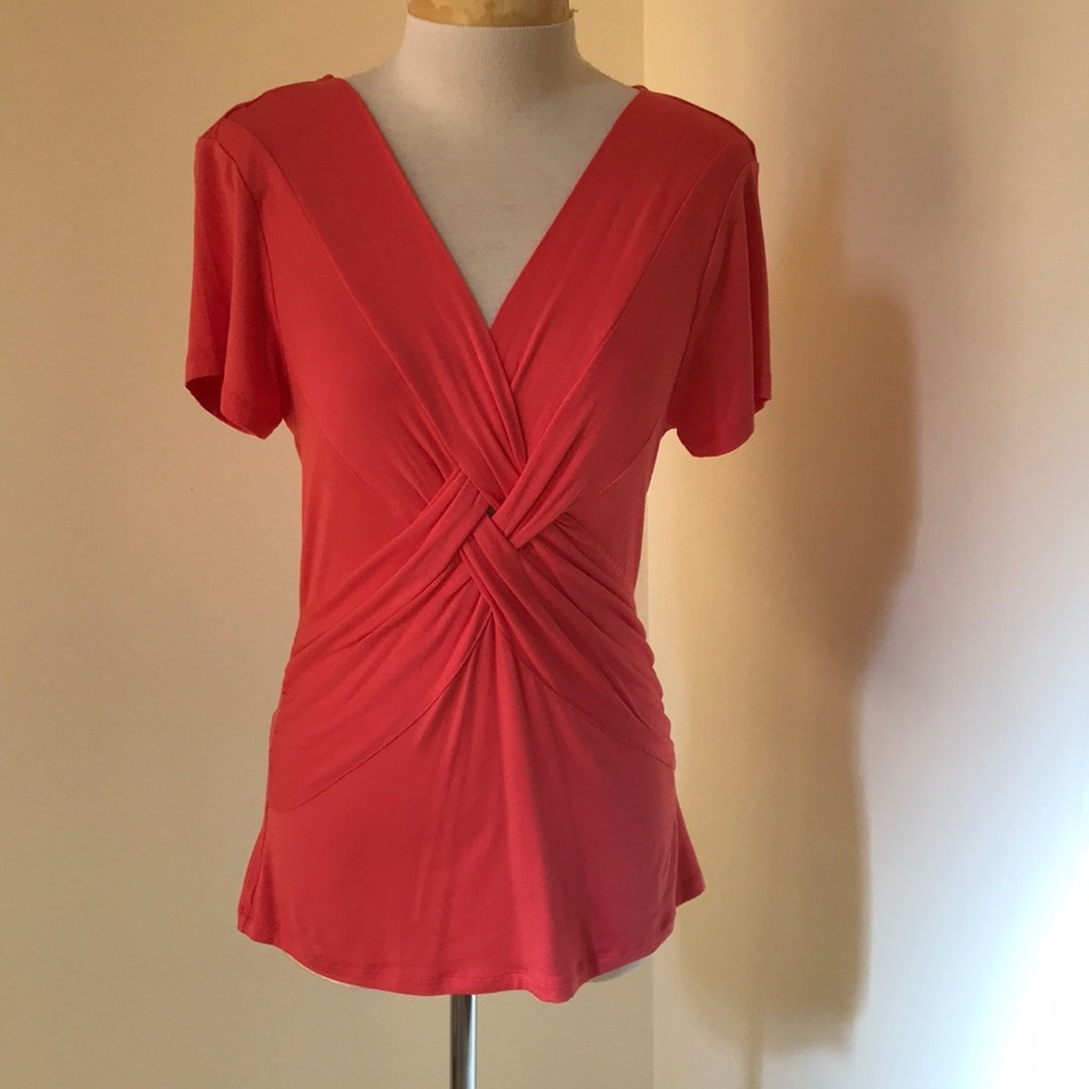New! Spense large coral reef S/S top with crossover neck.